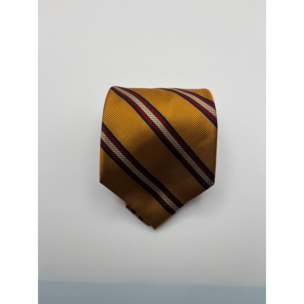 Ashford & Brooks London Mens Silk Tie Gold Burgundy Navy Blue Striped Handmade